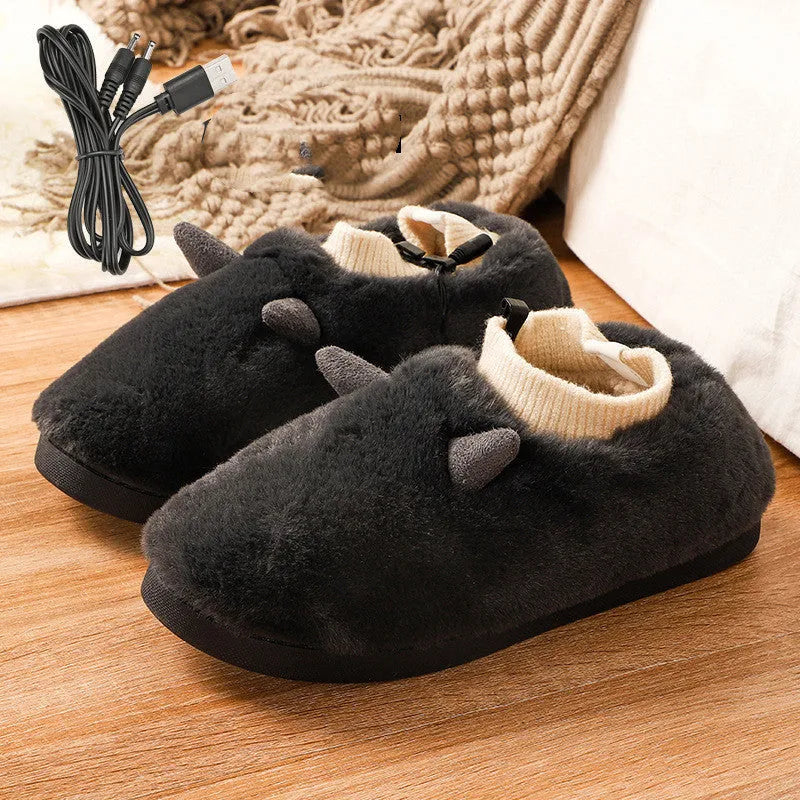 USB electric foot warmer slippers in black, grey, matcha green, and taro colours with soft velvet upper.