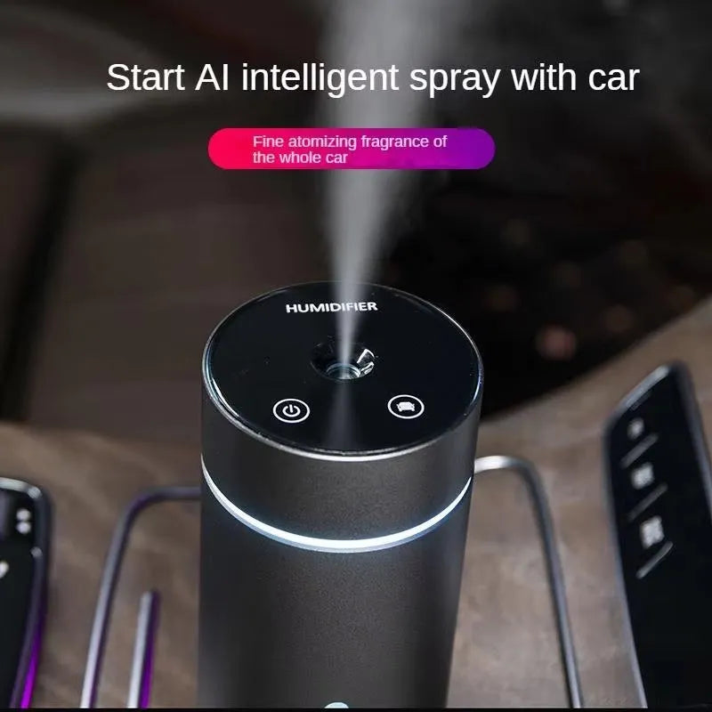 Black aluminium alloy car air humidifier with 260ml capacity and USB cable shown next to scale