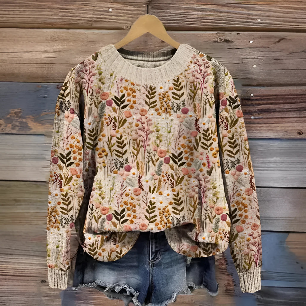 Little flower digital printed round neck sweater showing floral pattern on polyester fabric.