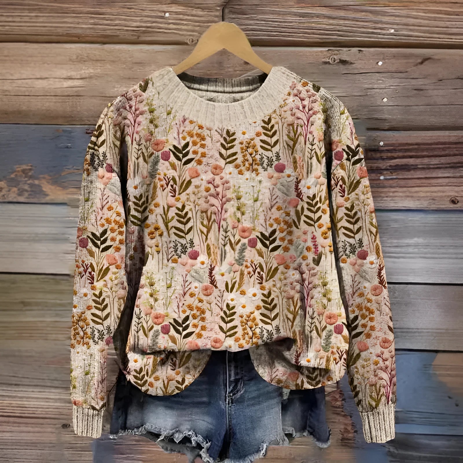 Little flower digital printed round neck sweater showing floral pattern on polyester fabric.