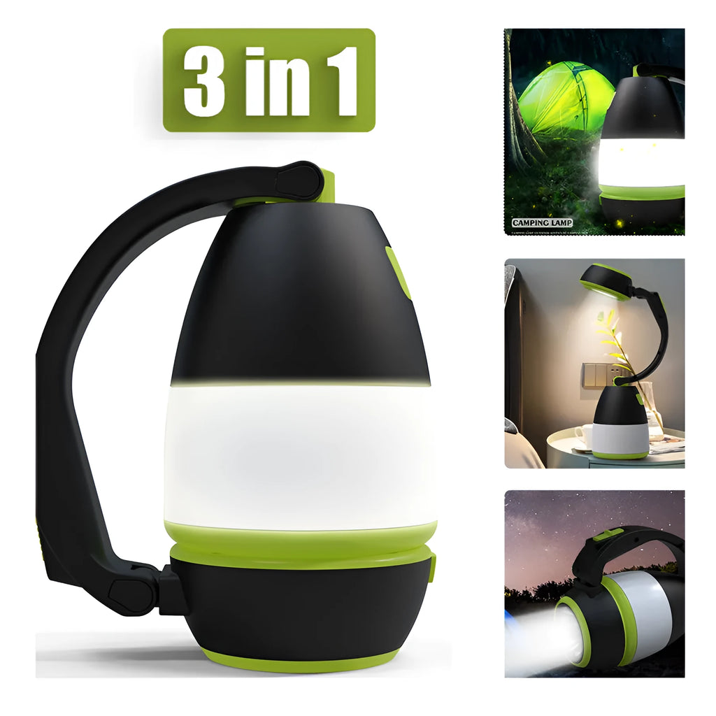 Black/green foldable LED camping lamp showing adjustable head and USB charging port