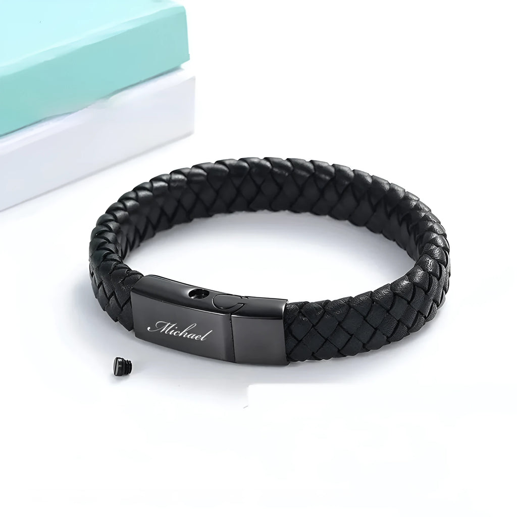 Black stainless steel and leather cinerary bracelet with engraved text, presented in a gift box.