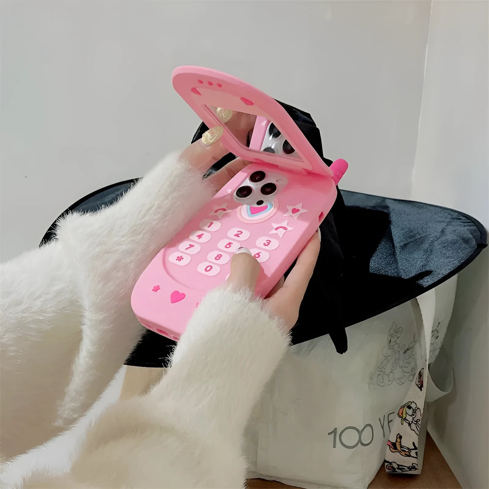 Light pink silicone flip phone case with mirror for iPhone models