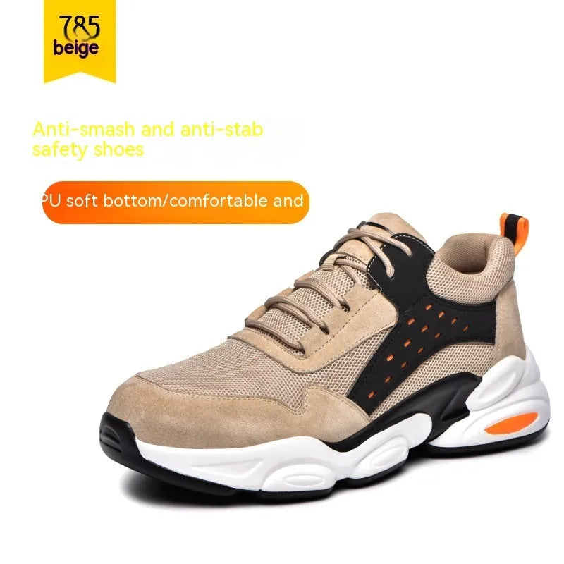 Black mesh breathable labour insurance safety work shoes with a PU soft sole on a grey background.