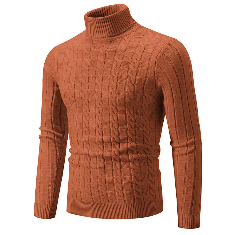 Men's slim fit chenille turtleneck pullover sweater in neutral colour on hanger