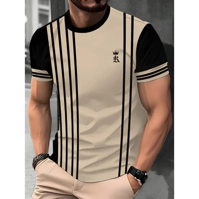 Men's loose fit short-sleeved T-shirt with digital 3D printed striped pattern in polyester fabric