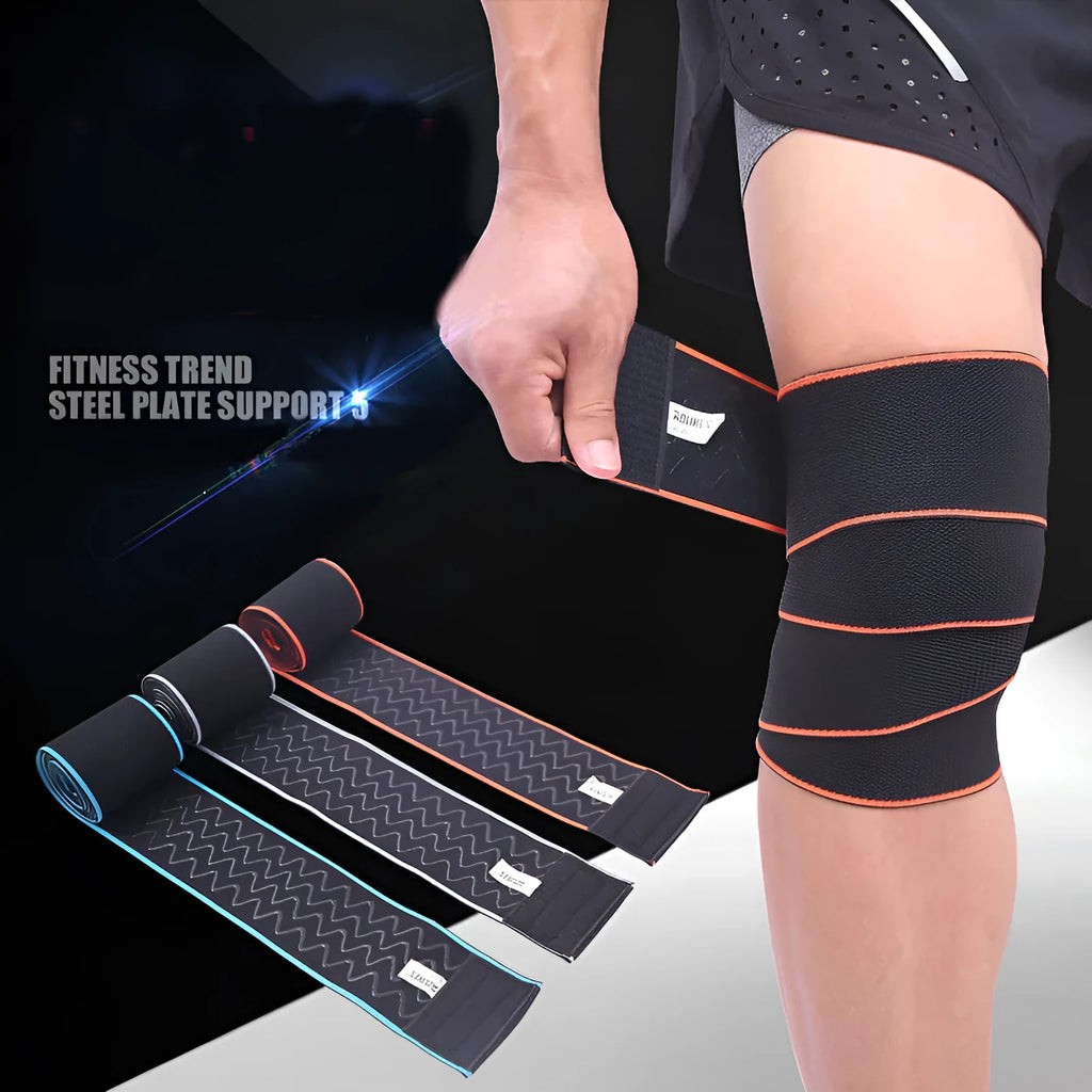 Aolikes orange lifting knee wrap with velcro, stretched to show 5.25 feet length for squat support