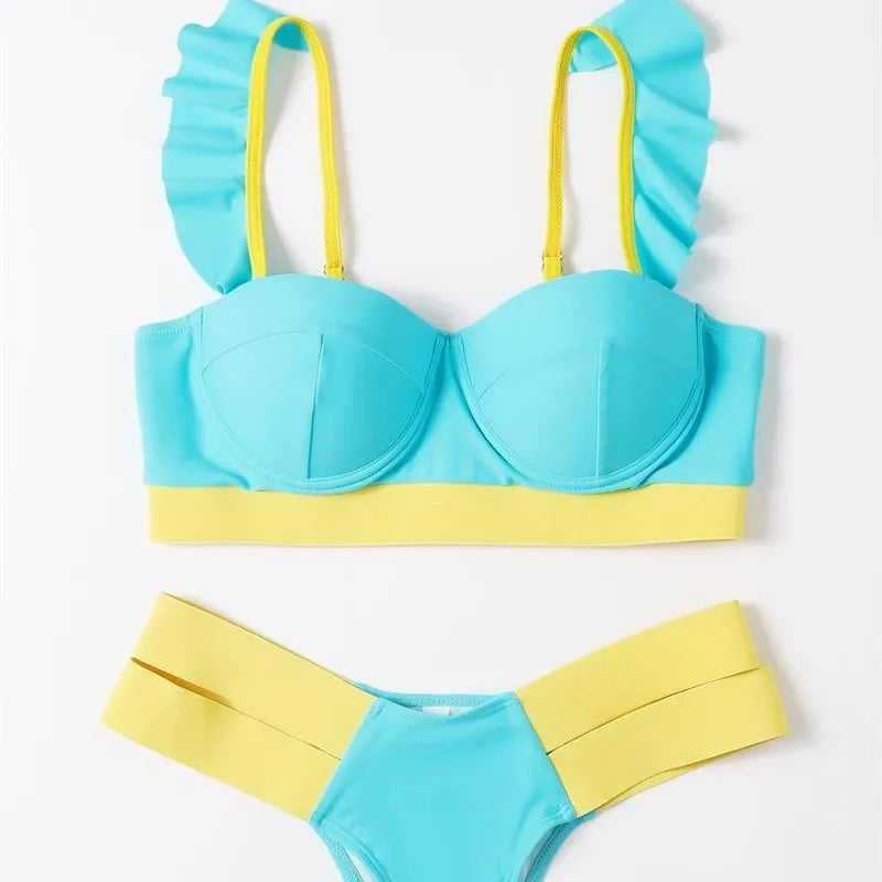 Women's contrast colour bikini swimsuit with steel bracket push-up board and removable cups