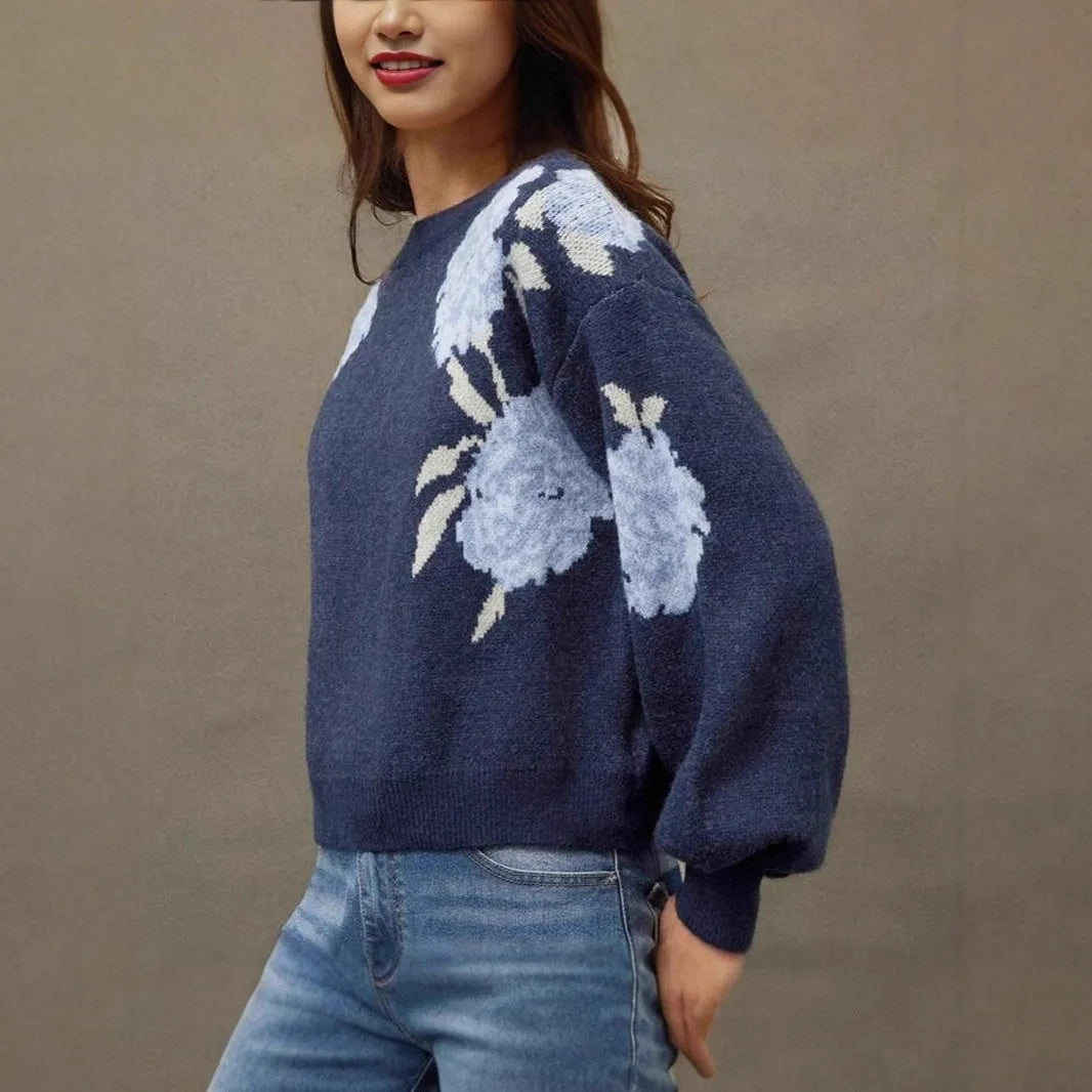 Sapphire blue women's pullover with floral jacquard pattern and loose casual fit