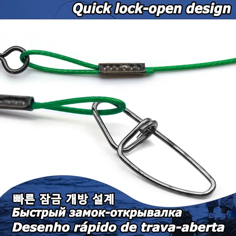 Set of 10 green anti-bite steel wire fishing accessories with double buckle pins, each 54cm long