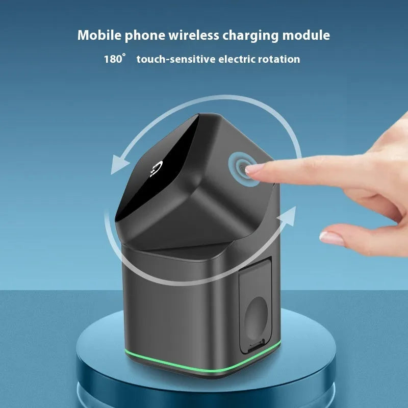 Black magnetic wireless charging stand for mobile phones showing 180-degree rotation capability