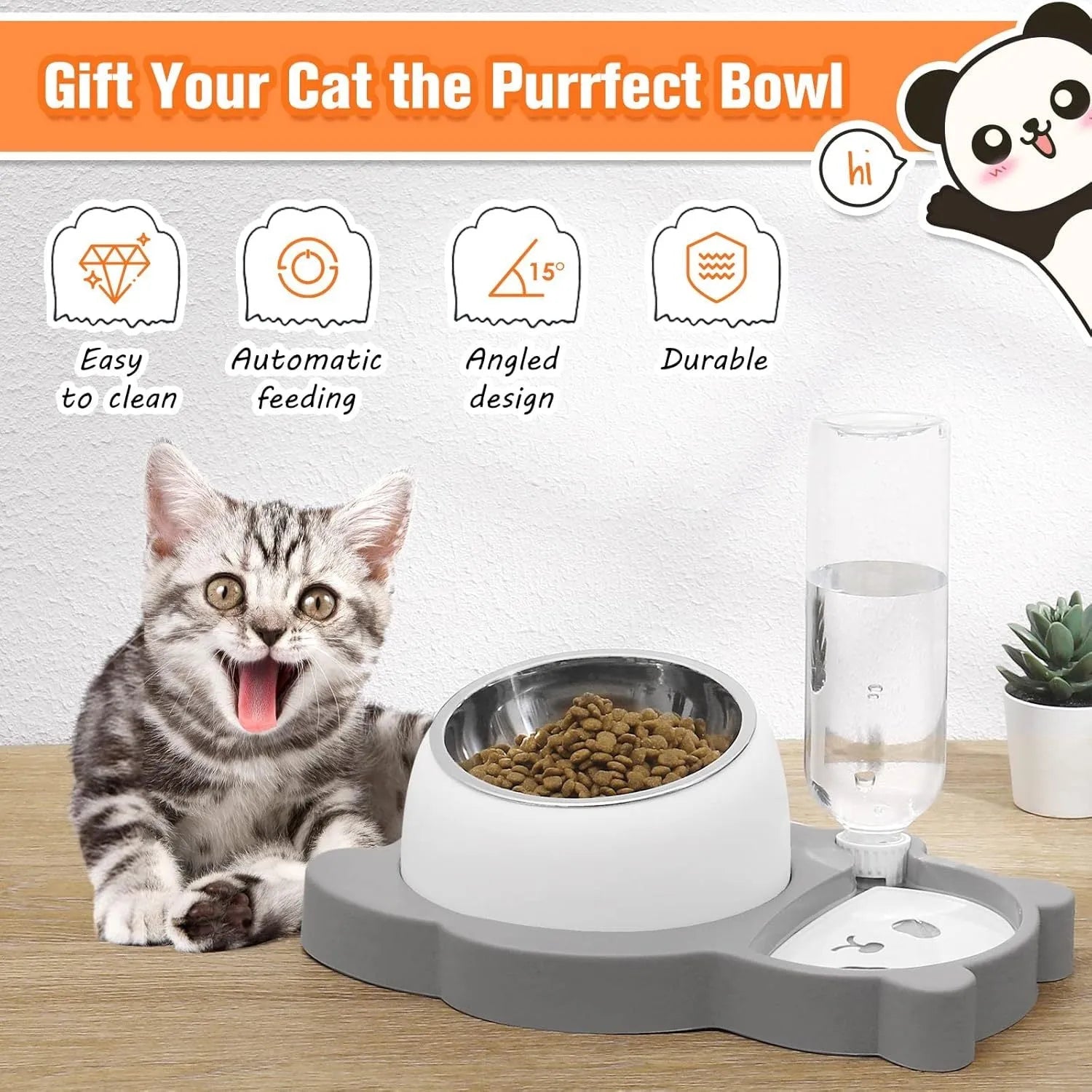 Grey panda-shaped automatic pet water dispenser with tilted stainless steel bowls for cats and small dogs