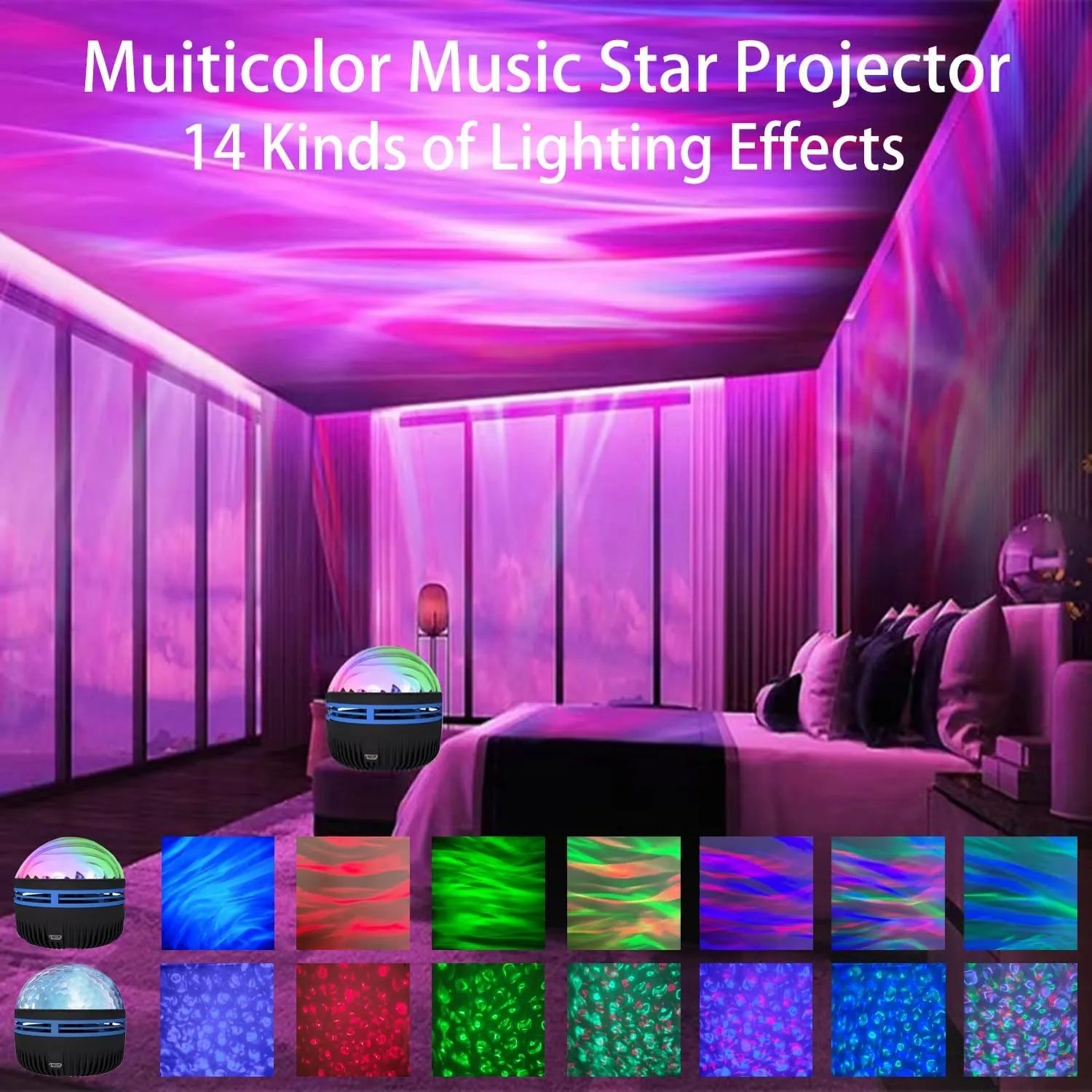 LED galaxy projector night light with rotating colourful stars, showing USB cable and removable acrylic shade.