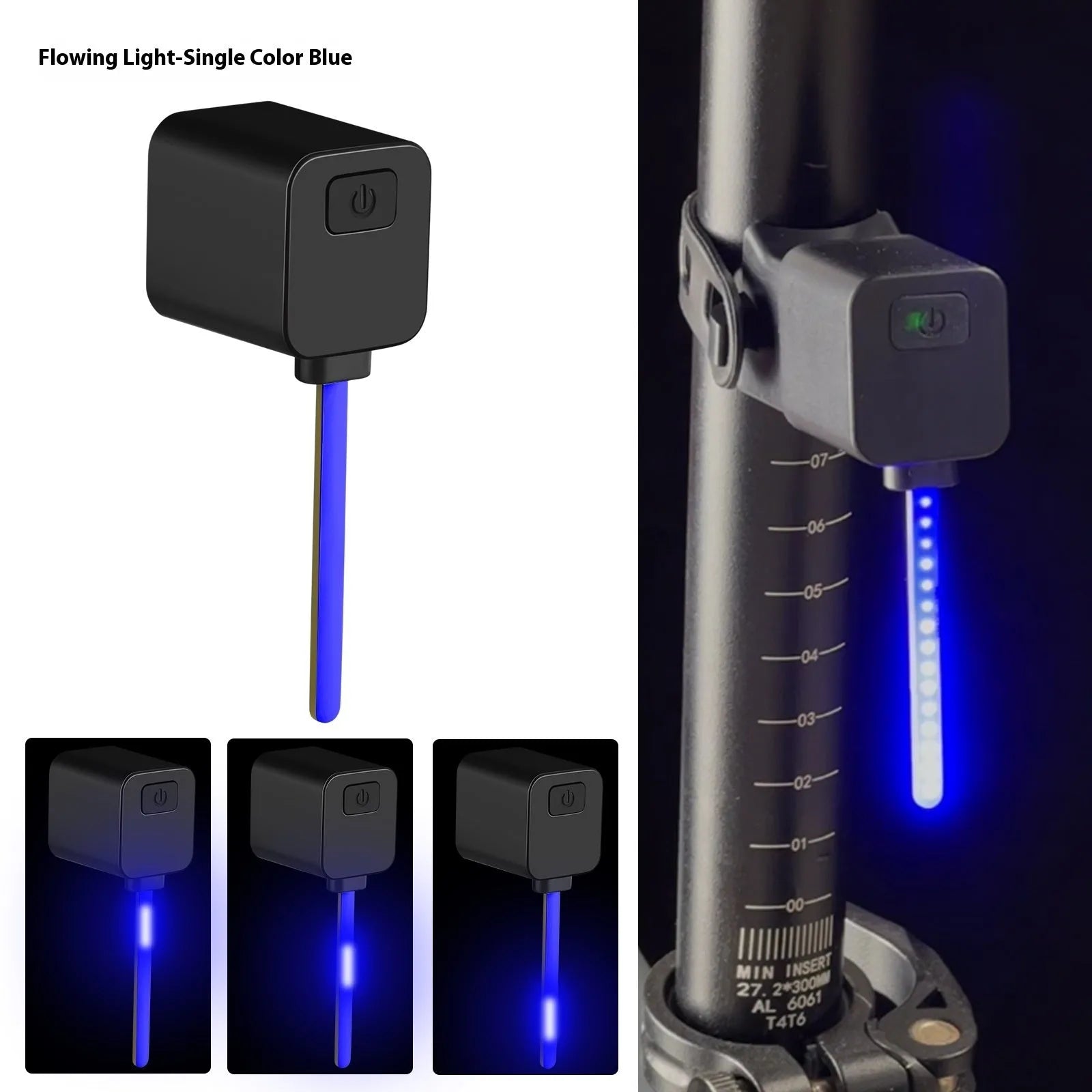Plug-in bicycle safety taillight with running water LED flashing sequence mounted on a bike seat tube.