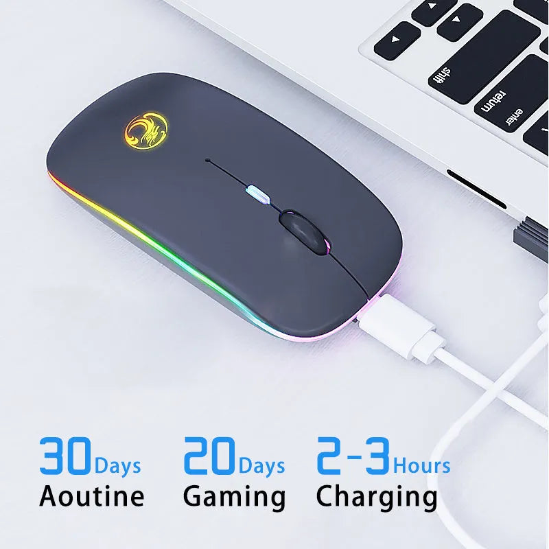 Black and white wireless mouse with luminous scroll wheel showing Bluetooth and silent button features