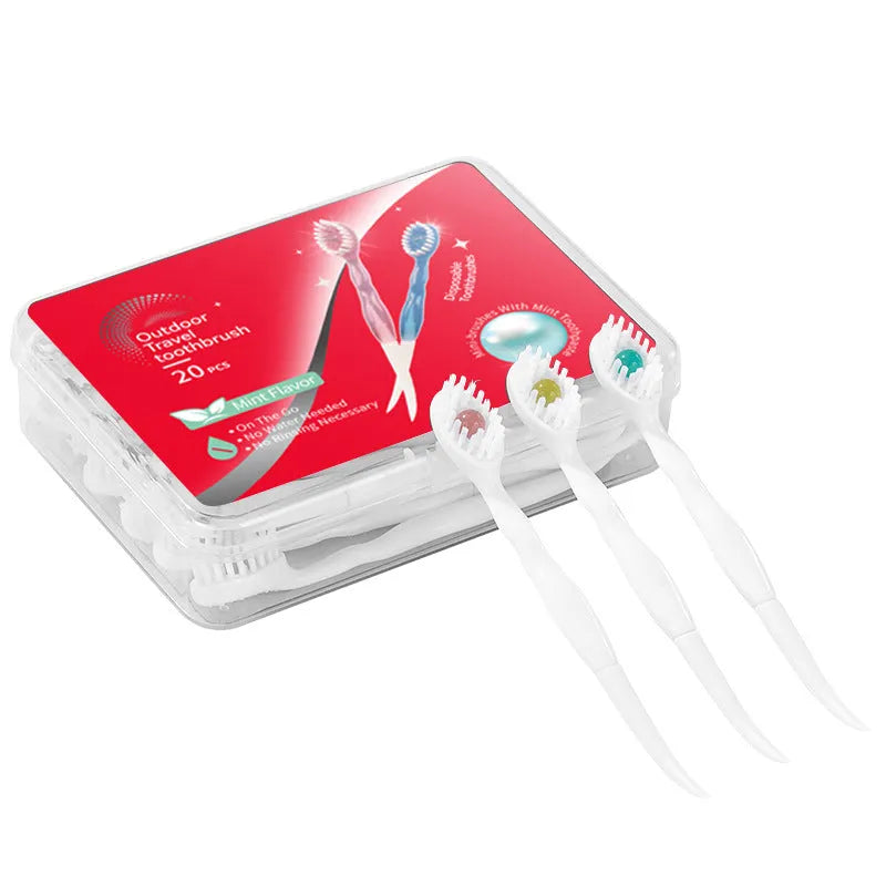 Box of 20 disposable bead toothbrushes with integrated toothpaste for travel