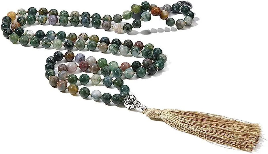 Handmade knotted beaded necklace with stone pendant showing 108 beads and geometric design
