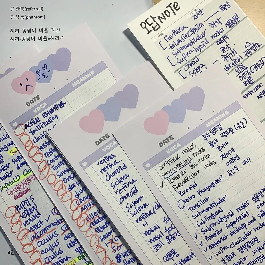 Vertical B5 half-size notepad with double-sided printing in blue, pink, or purple cover colours