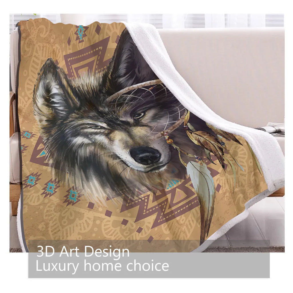 Brown sherpa fleece blanket with wolf head pattern, 150x200cm, on a couch