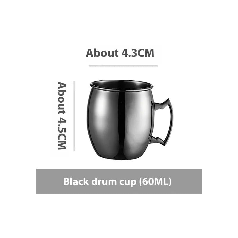 Copper plated stainless steel Moscow Mule mug in hammered and smooth styles, shown in silver, gold, rose gold, and black.