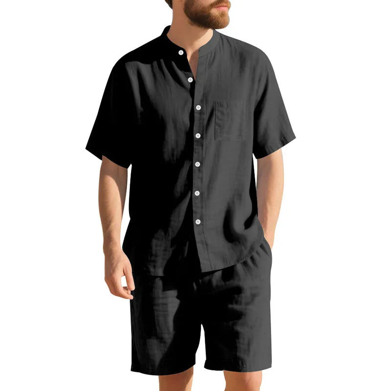 Men's light blue linen-blend summer suit with short sleeve shirt jacket and matching shorts on a hanger.
