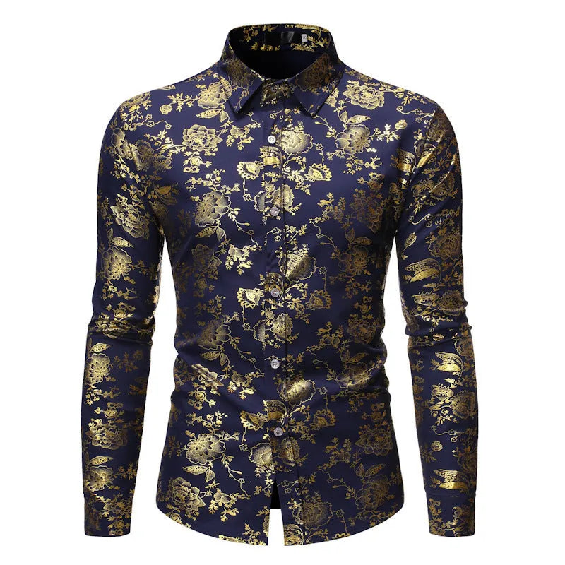 Men's metal bronzing printed lapel shirt in polyester fabric with cardigan style and long sleeves