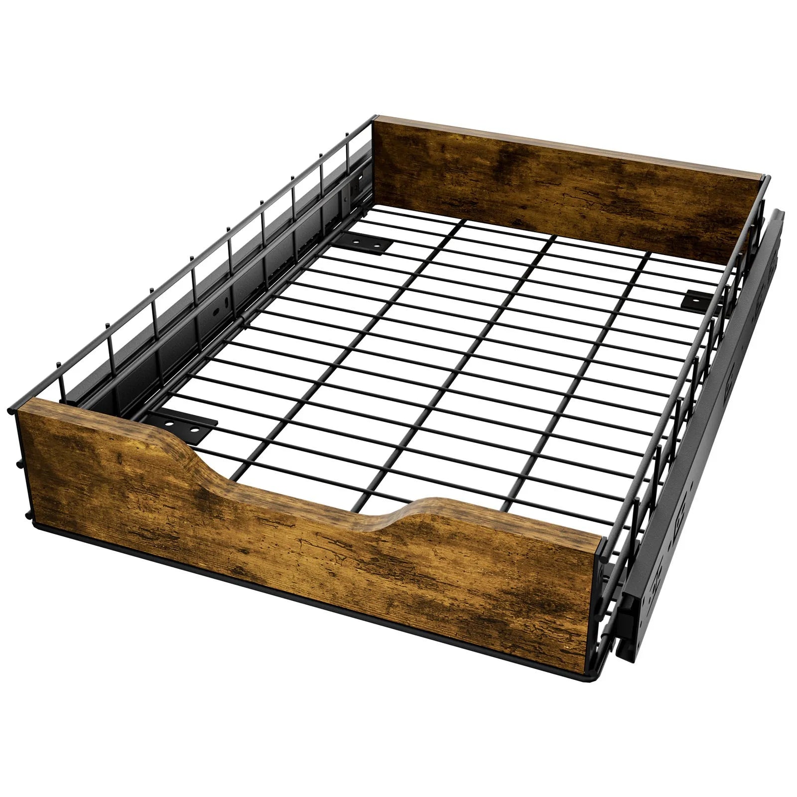 Black household storage basket drawer rack with wood and iron construction