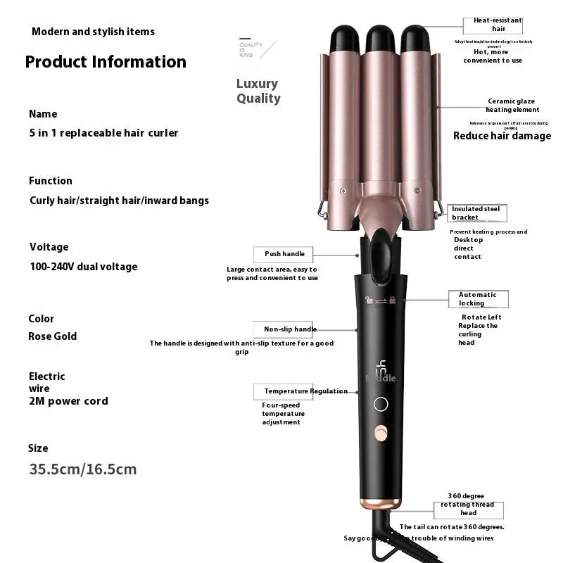 Rose gold tube replacement hair curler with negative ion technology and LCD display screen