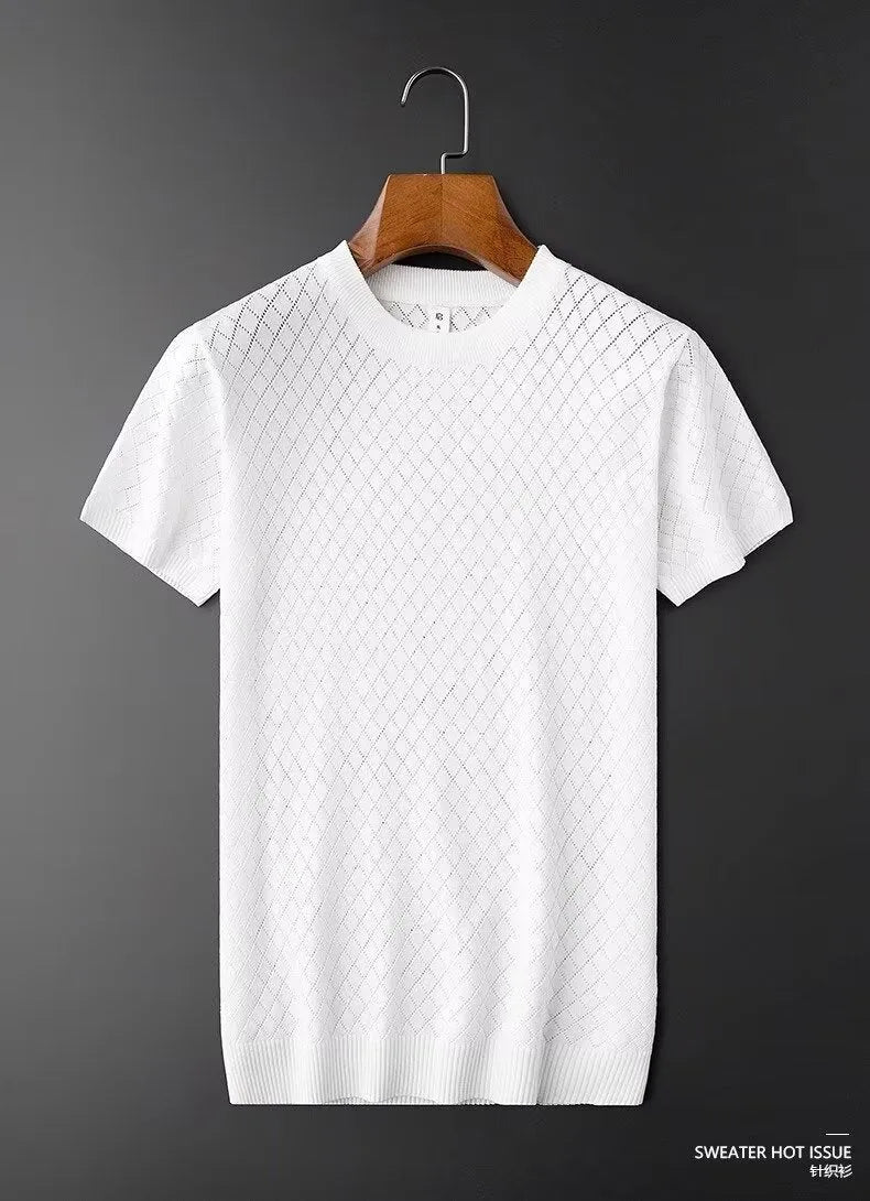 Men's plus size ice silk V-neck t-shirt with Korean style cut-out design in black colour