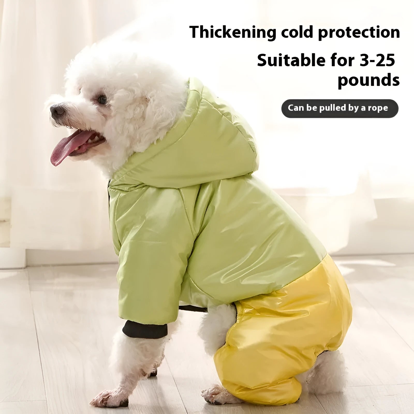 Green four-legged dog cotton coat showing waterproof windproof pet clothing design