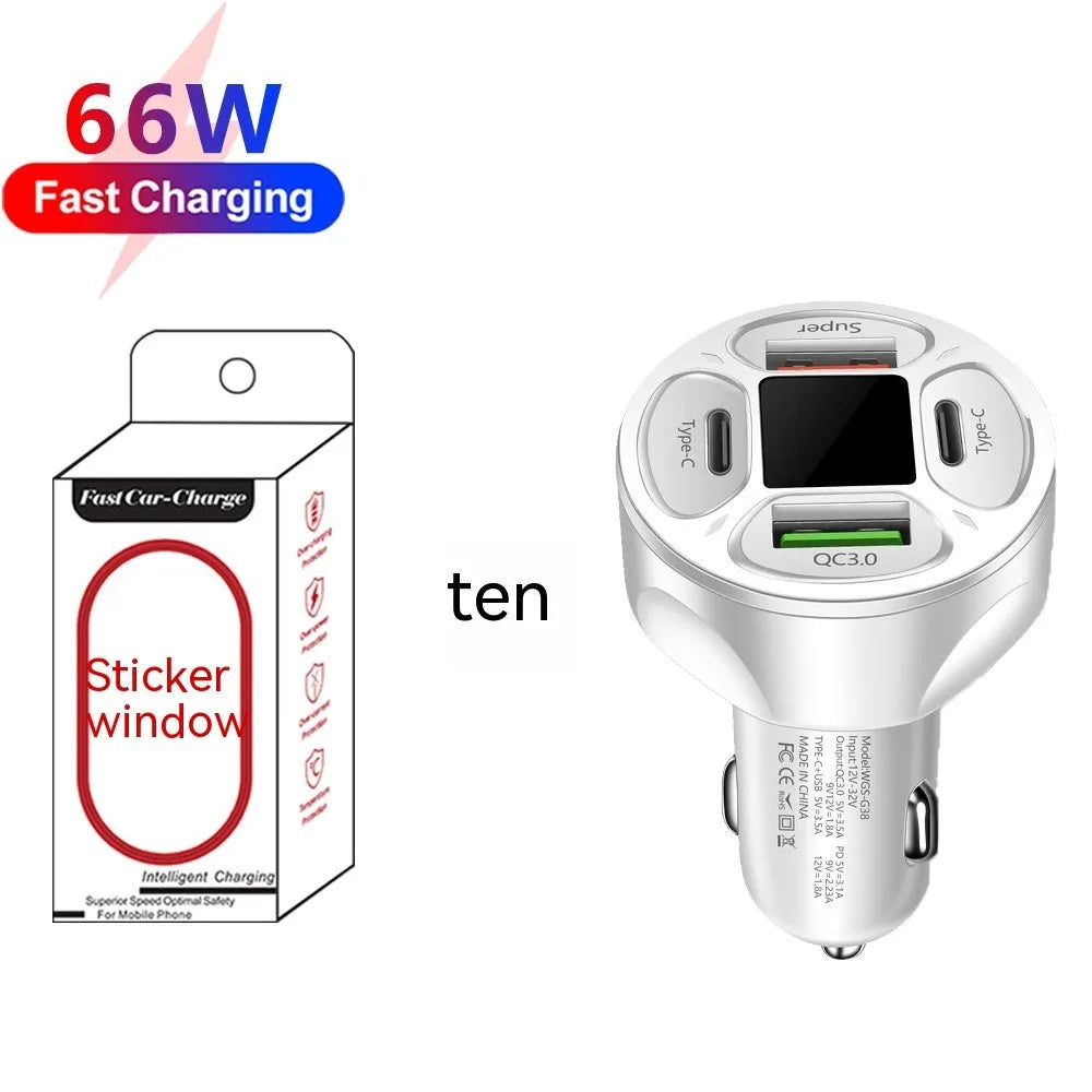 66W car charger with digital display showing dual USB and dual Type-C ports