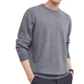 Men's regular fit wool pullover sweater in light grey, shown on a model.
