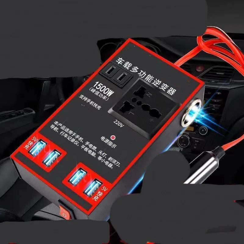 Black 12V 24V to 220V car power converter with AC socket and 4 USB charging ports