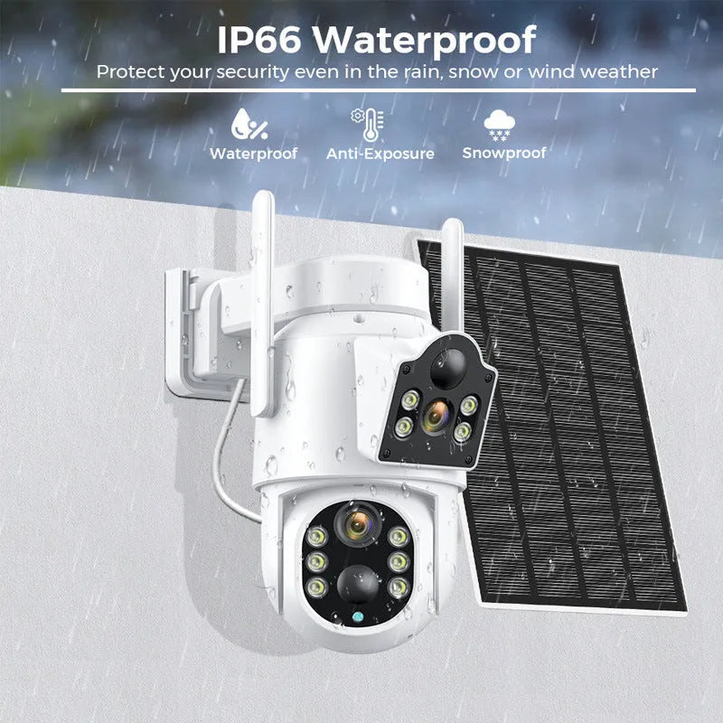 Outdoor white solar-powered WiFi security camera with attached solar panel on wall mount.