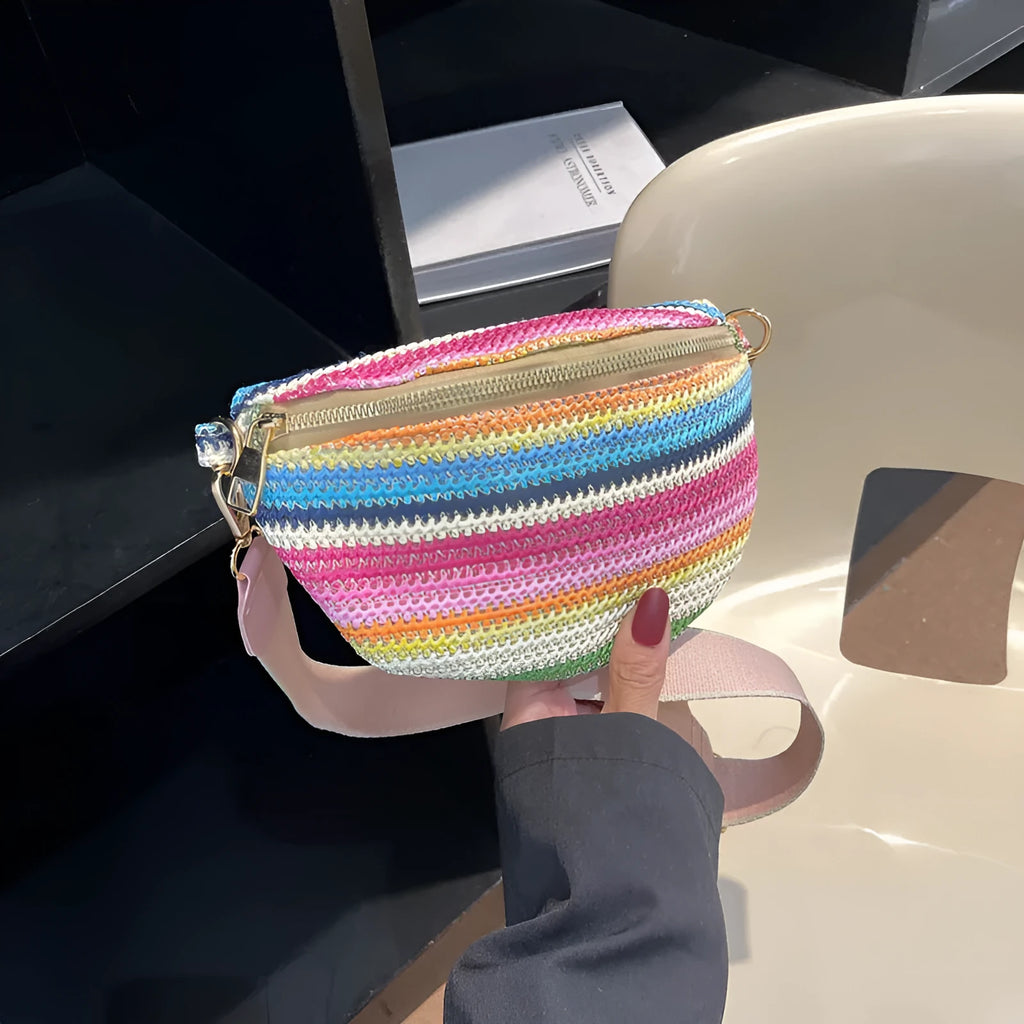 Blue woven straw beach bag with shell shape and single shoulder strap