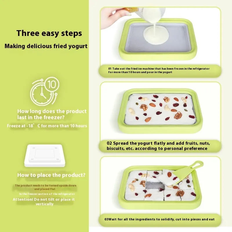 Green handheld fried yogurt machine with 22.5x17.5 cm dimensions and aluminum gasket