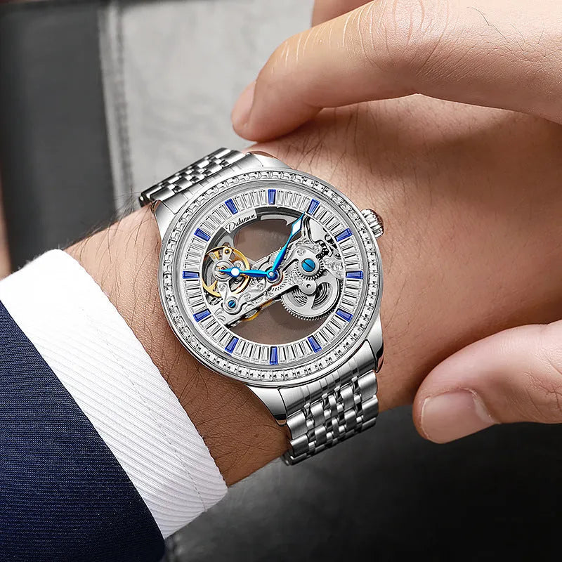 Men's luxury zircon mechanical watch with transparent case back on a black leather strap