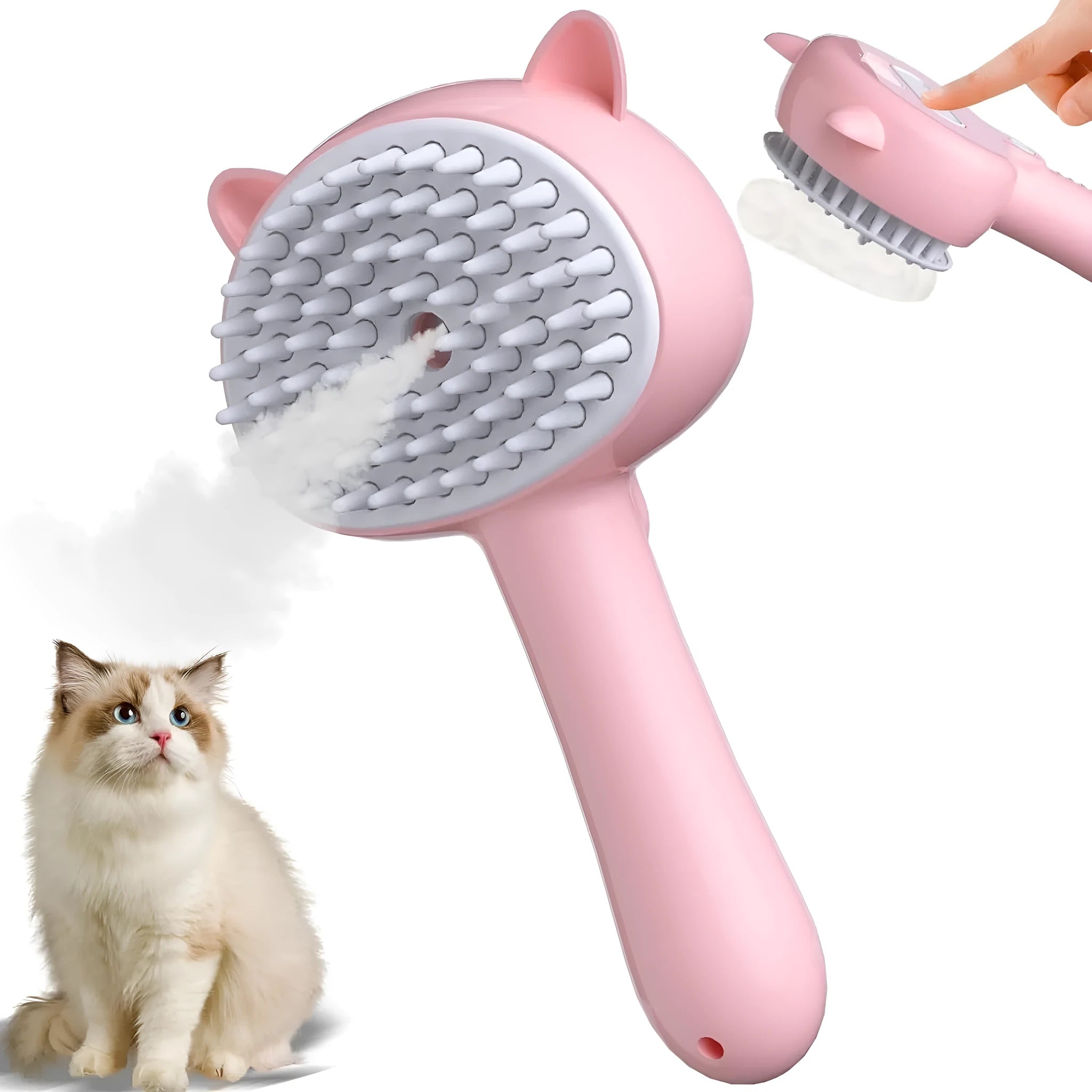 Blue cat steam brush with rubber bristles and release button for pet grooming