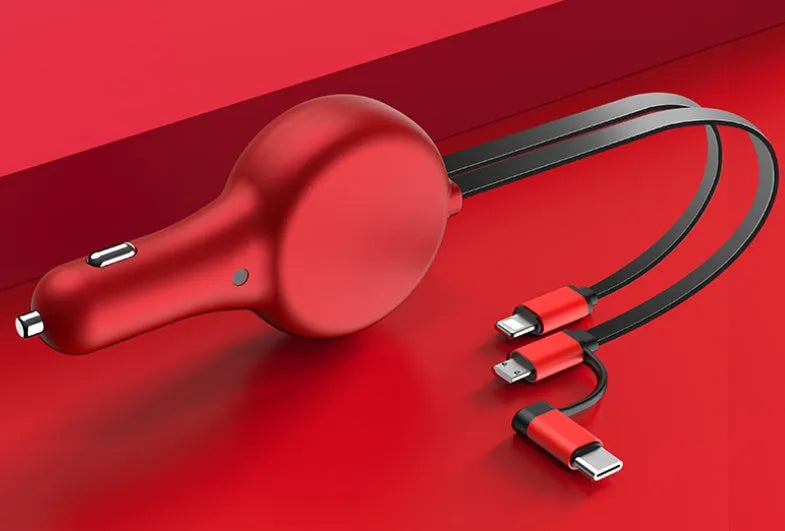 Retractable car charger with extended cables showing Type-C and USB-A charging heads in black or red colour