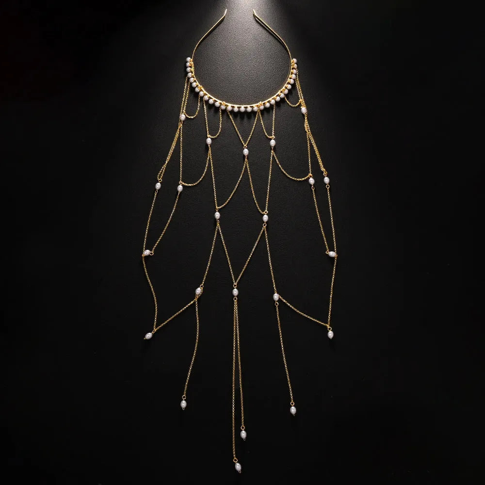 Women's mesh tassel hair chain jewellery in gold or silver colour with pearl decoration
