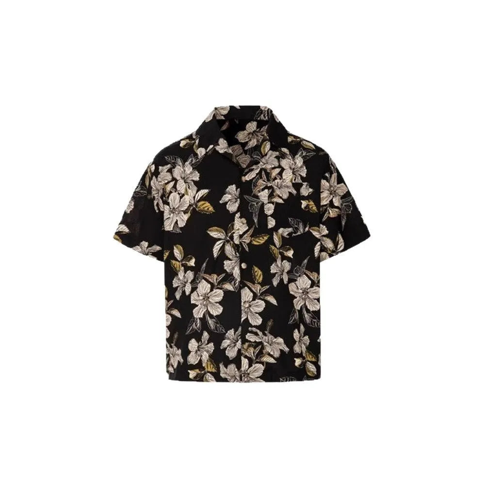 Black floral print men's shirt with a vintage Cuban collar and short sleeves, made from ice silk fabric.
