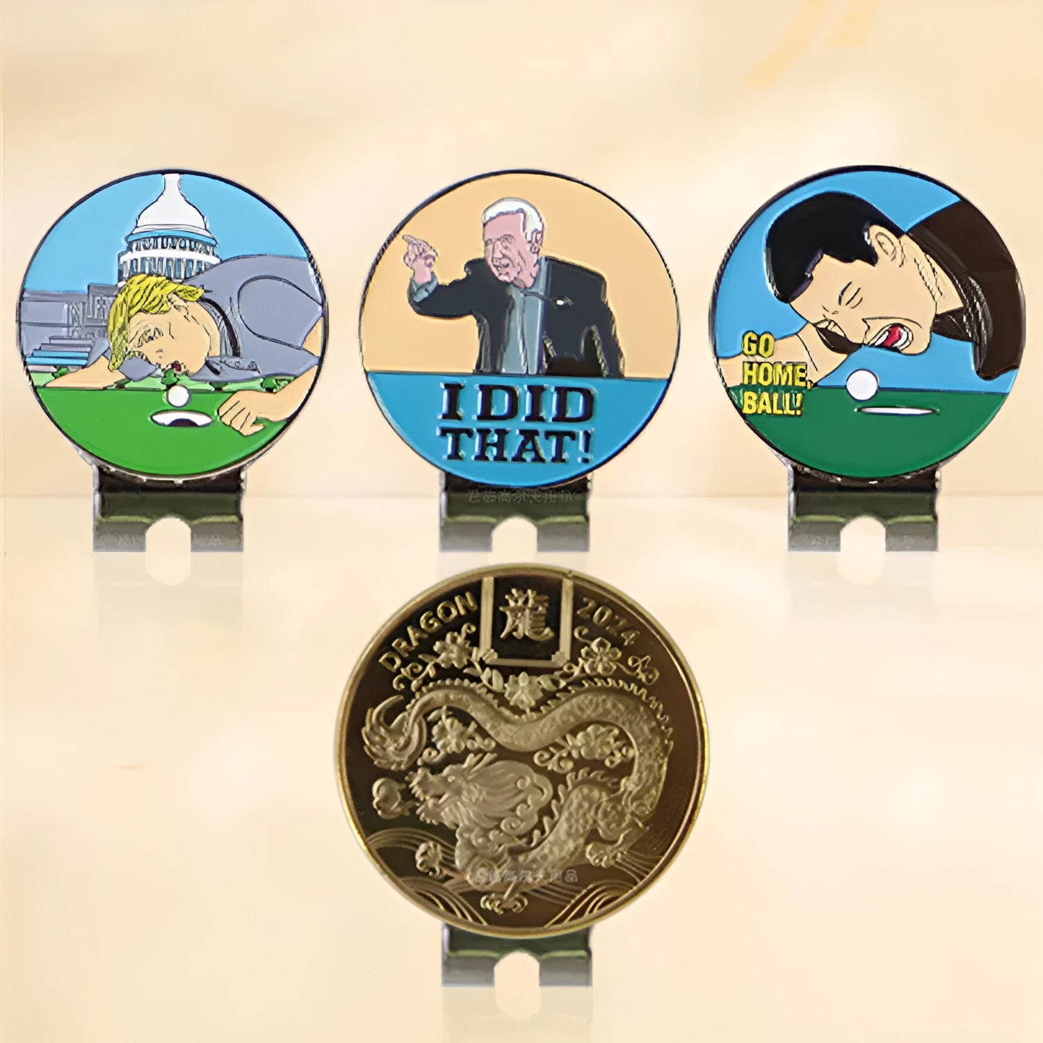 Zinc alloy golf hat clip with engraved Dragon Year design on a cap brim.