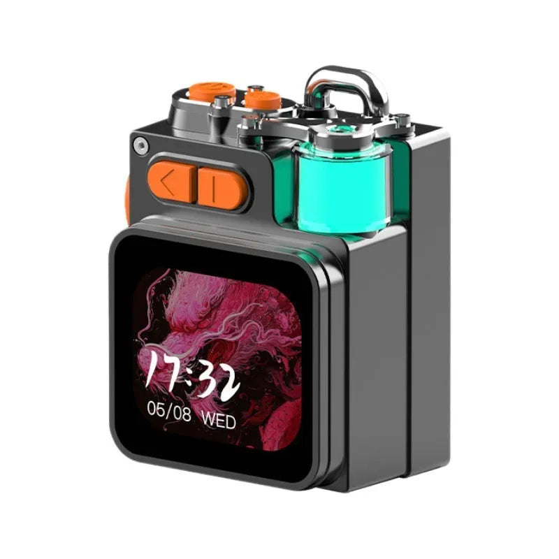 Dark grey portable Bluetooth speaker with touch screen controls showing dimensions of 80mm x 59mm x 45mm