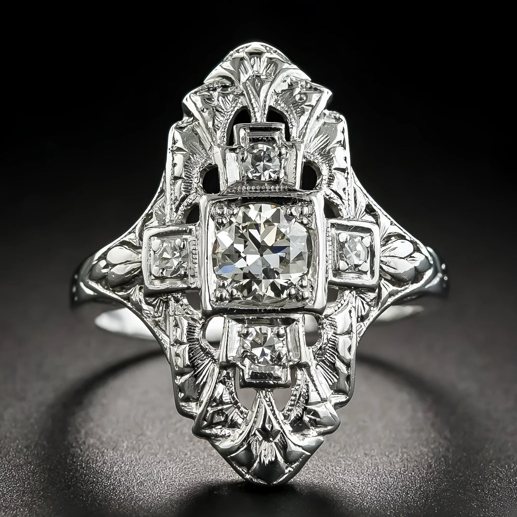Hollow geometric copper ring with diamond studs in silver electroplated finish