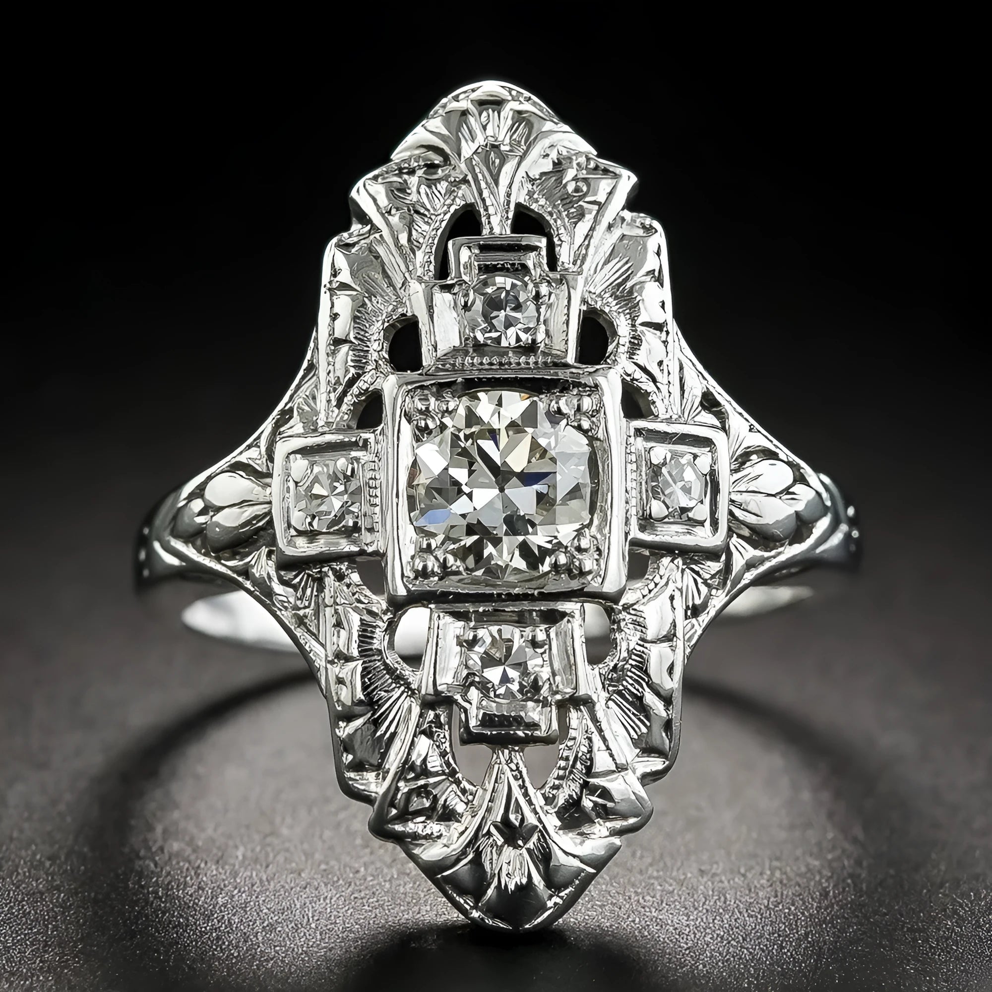 Hollow geometric copper ring with diamond studs in silver electroplated finish