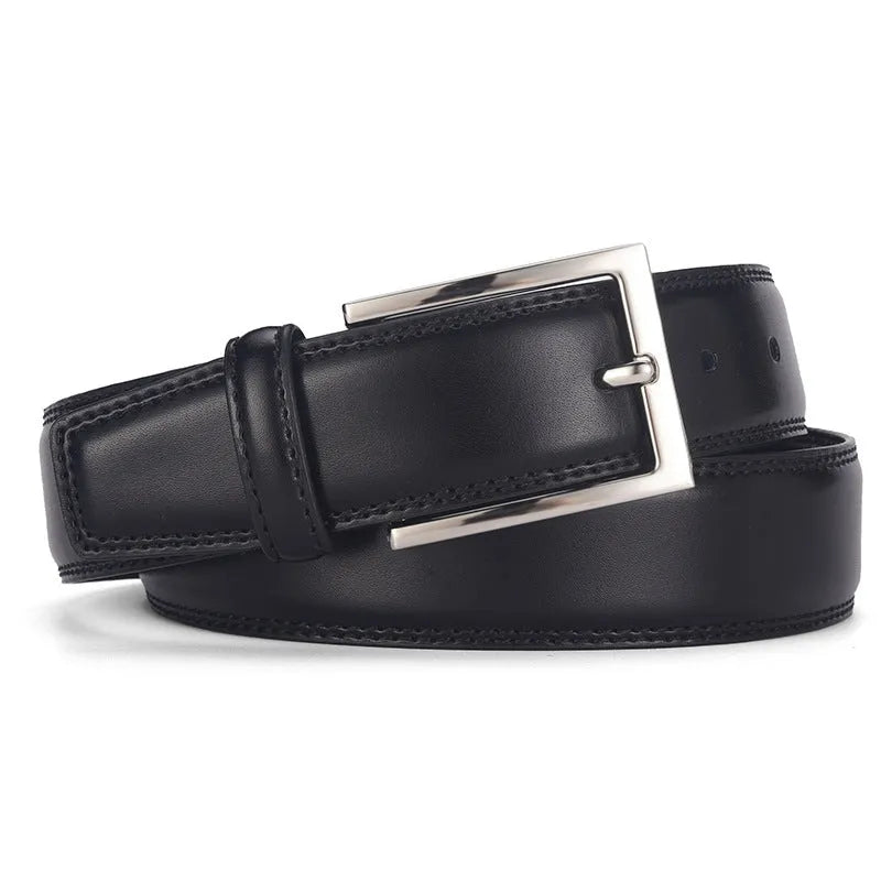 Men's black genuine leather belt with a silver alloy pin buckle on a flat surface