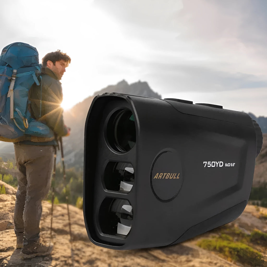 Rechargeable golf laser rangefinder with LCD display showing distance measurement
