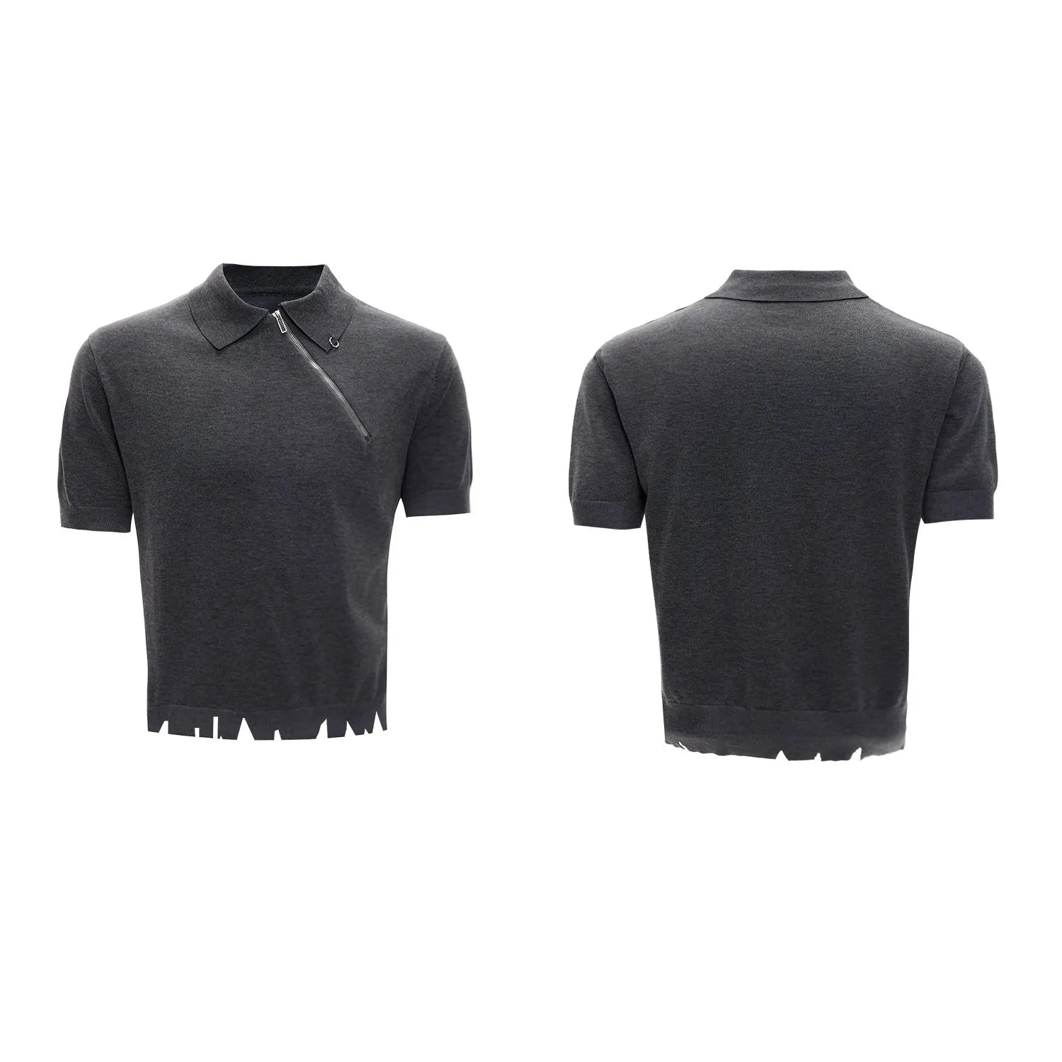 Men's ice-feeling slim-fit knitted polo shirt with oblique zipper closure in solid colour