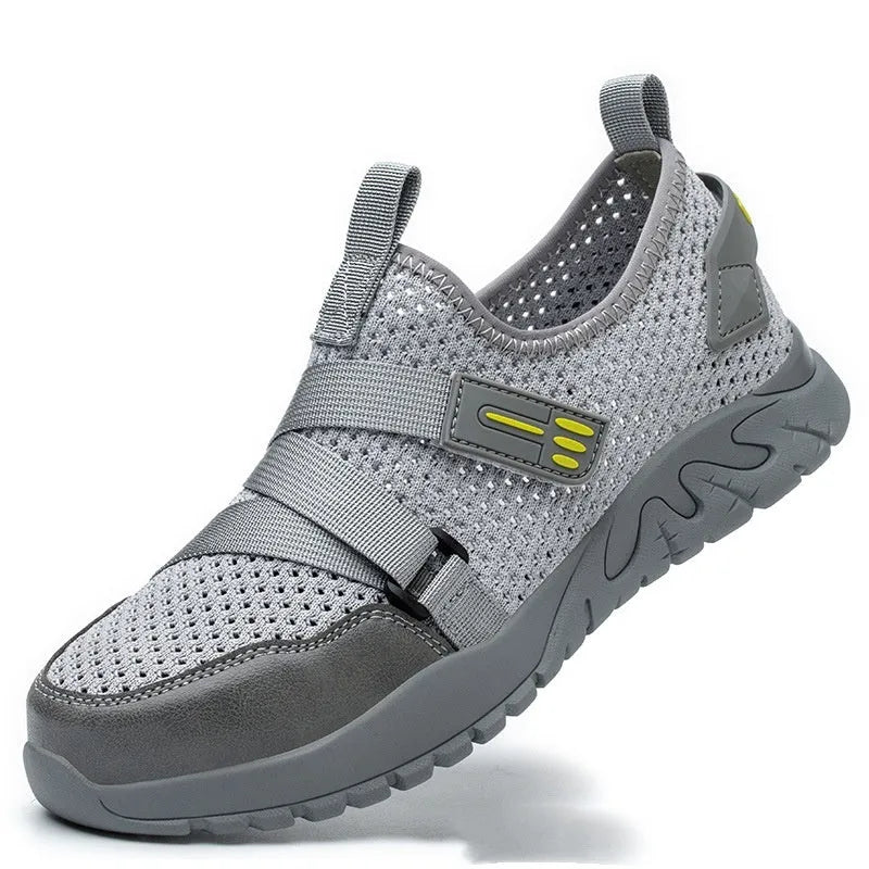 Men's grey safety work shoes with anti-smash, anti-puncture and insulation features for industrial protection