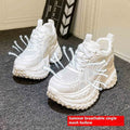 White women's height increasing dad shoes with lace-up closure and round toe, showing internal lift construction